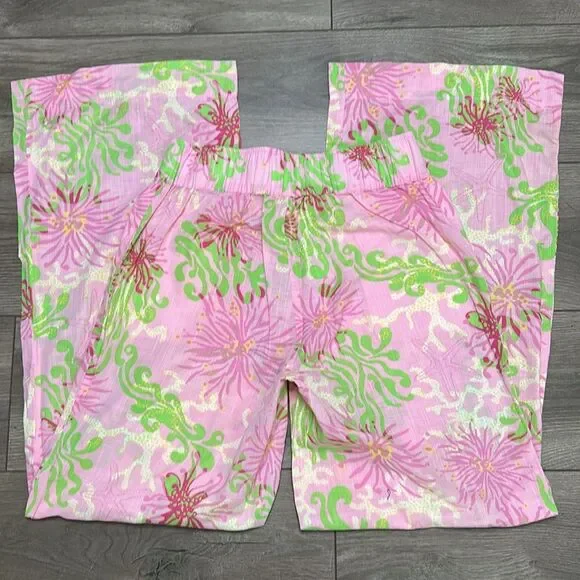 Lilly Pulitzer Mid Rise Wide Leg Pants Pink Green Size Small - Picture 4 of 13